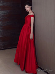 Sexy A Line Off The Shoulder Satin Red Floor Length Evening Dress Prom Dresses