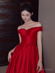 Sexy A Line Off The Shoulder Satin Red Floor Length Evening Dress Prom Dresses