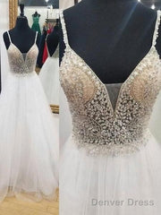 Sexy Backless V Neck White Beaded A-Line Long Evening Prom Dresses