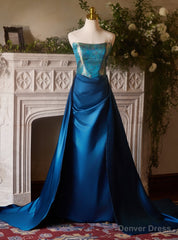 Sexy Blue Satin Strapless Pleats Prom Dress