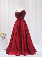 Sexy Burgundy Satin Spaghetti Straps Bow Prom Dress