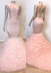 Sexy Chiffon High Collar Mermaid Prom Dresses Sequins Pink Long