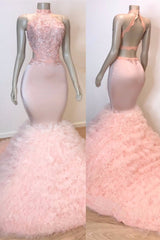 Sexy Chiffon High Collar Mermaid Prom Dresses Sequins Pink Long