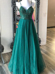 Sexy Dark Green Tulle Spaghetti Straps Beading Prom Dresses