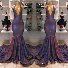 Sexy Deep V-neck Chiffon Mermaid Prom Dresses Sequins Long