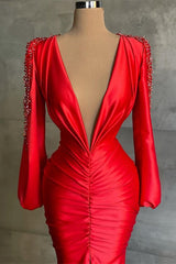 Sexy Deep V-Neck Red Long Sleeves Prom Dresses Mermaid