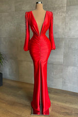 Sexy Deep V-Neck Red Long Sleeves Prom Dresses Mermaid