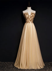 Sexy Gold Tulle Strapless Beading Prom Dresses