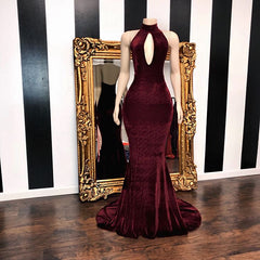 Sexy Halter V-neck Mermaid Prom Dress Burgundy Long Chiffon