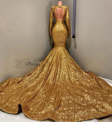 Sexy Long Sleeves Gold Mermaid Prom Dresses Sequins V-neck Backless Long