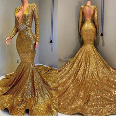 Sexy Long Sleeves Gold Mermaid Prom Dresses Sequins V-neck Backless Long