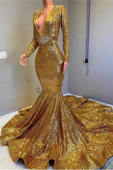 Sexy Long Sleeves Gold Mermaid Prom Dresses Sequins V-neck Backless Long