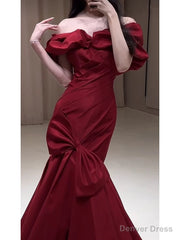 Sexy Mermaid Off The Shoulder Burgundy Satin Floor Length Evening Dress Prom Dresses