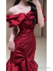 Sexy Mermaid Off The Shoulder Burgundy Satin Floor Length Evening Dress Prom Dresses