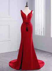 Sexy Mermaid Red Satin V-neck Backless Prom Dresses With Sash