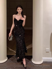 Sexy Mermaid Spaghetti Straps Black Sequin Evening Dress Prom Dresses