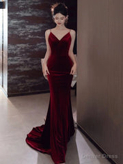 Sexy Mermaid Spaghetti Straps Burgundy Velvet Long Evening Dress Prom Dresses