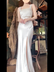 Sexy Mermaid Square Neckline White Slit Long Evening Dresses Prom Dresses Birthday Outfits