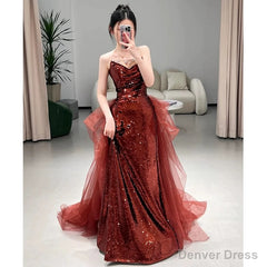 Sexy Mermaid Sweetheart Burgundy Floor Length Evening Dress Sequin Prom Dresses