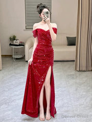 Sexy Mermaid Sweetheart Red Off The Shoulder Sequin Slit Floor Length Evening Dress Prom Dresses