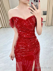 Sexy Mermaid Sweetheart Red Off The Shoulder Sequin Slit Floor Length Evening Dress Prom Dresses