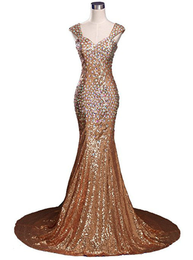 Sexy Mermaid V-neck Sequins Crystal Floor Length Prom Dress