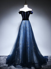 Sexy Navy Blue Tulle Velvet Off the Shoulder Prom Dresses