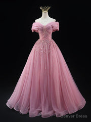 Sexy Pink Tulle Off the Shoulder Pleats Beading Prom Dress