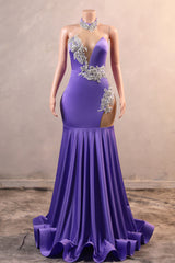 Sexy Purple Mermaid Prom Kleider stark Perlen Frauen Abendkleider Halfterhalter