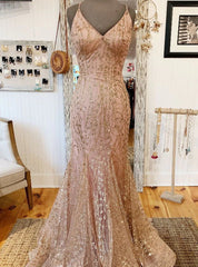 Sexy Rose Gold Mermaid Sequins Spaghetti Straps Prom Dresses