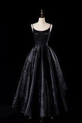 Sexy Satin Spaghetti Strap Black Wedding Gown A Line Party Evening Dresses Formal Prom Dresses