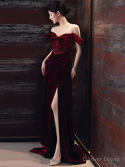 Sexy Sheath Off The Shoulder Burgundy Velvet Floor Length Evening Dress Prom Dresses