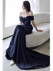 Sexy Sheath Off The Shoulder Navy Blue Satin Floor Length Evening Dress Prom Dresses