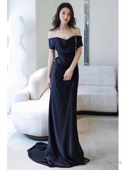 Sexy Sheath Off The Shoulder Navy Blue Satin Floor Length Evening Dress Prom Dresses