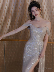 Sexy Sheath Off The Shoulder Sequin Slit Floor Length Evening Dress Prom Dresses