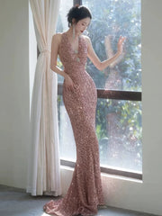 Sexy Sheath V Neckline Sequin Rose Pink Floor Length Evening Dresses Prom Dresses