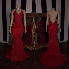 Sexy Spaghetti Straps Red Mermaid Prom Dresses Sequins Chiffon Long