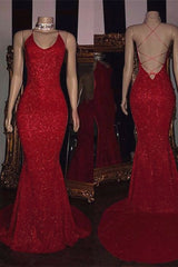 Sexy Spaghetti Straps Red Mermaid Prom Dresses Sequins Chiffon Long