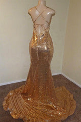 Sexy Spaghetti Straps V-Neck Mermaid Prom Dresses Sequins Long Chiffon Gold With Split