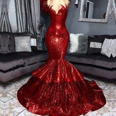 Sexy Strapless Mermaid Red Prom Dresses Sequins Long