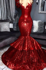 Sexy Strapless Mermaid Red Prom Dresses Sequins Long