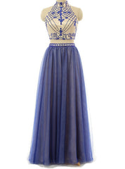 Sexy Two Piece Prom/Evening Dresses Royal Blue Tulle Floor-Length Backless Beaded Party Dresses