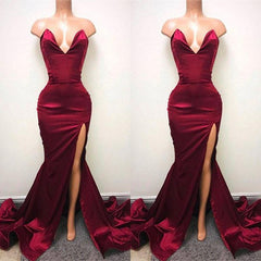 Sexy V-neck Chiffon Mermaid Prom Dresses Long With Split Burgundy