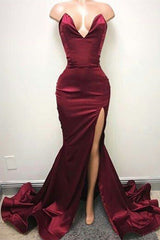 Sexy V-neck Chiffon Mermaid Prom Dresses Long With Split Burgundy