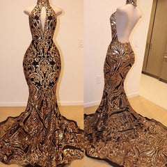 Sexy V-neck Halter Backless Mermaid Prom Dresses Gold Sequins Long Backless