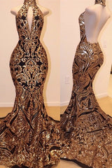 Sexy V-neck Halter Backless Mermaid Prom Dresses Gold Sequins Long Backless