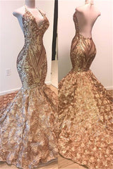 Sexy V-Neck Halter Gold Mermaid Prom Dresses Sequins Backless Long