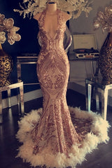 Sexy V-neck Halter Mermaid Prom Dresses Gold Sequins Long Backless