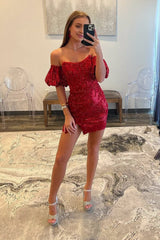 Sheath/Column Detachable Sleeves Sequins Burgundy Short Homecoming Dresses