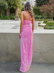 Sheath/Column Halter Floor-Length Velvet Sequins Prom Dresses With Leg Slit